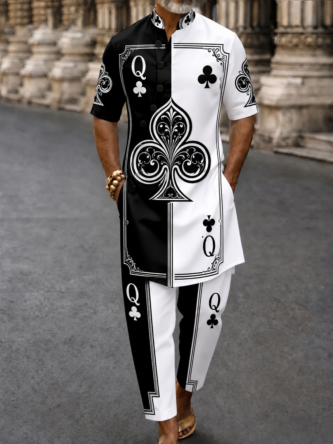 Men's Poker Card Art Casual Vacation Cotton Shirt Set
